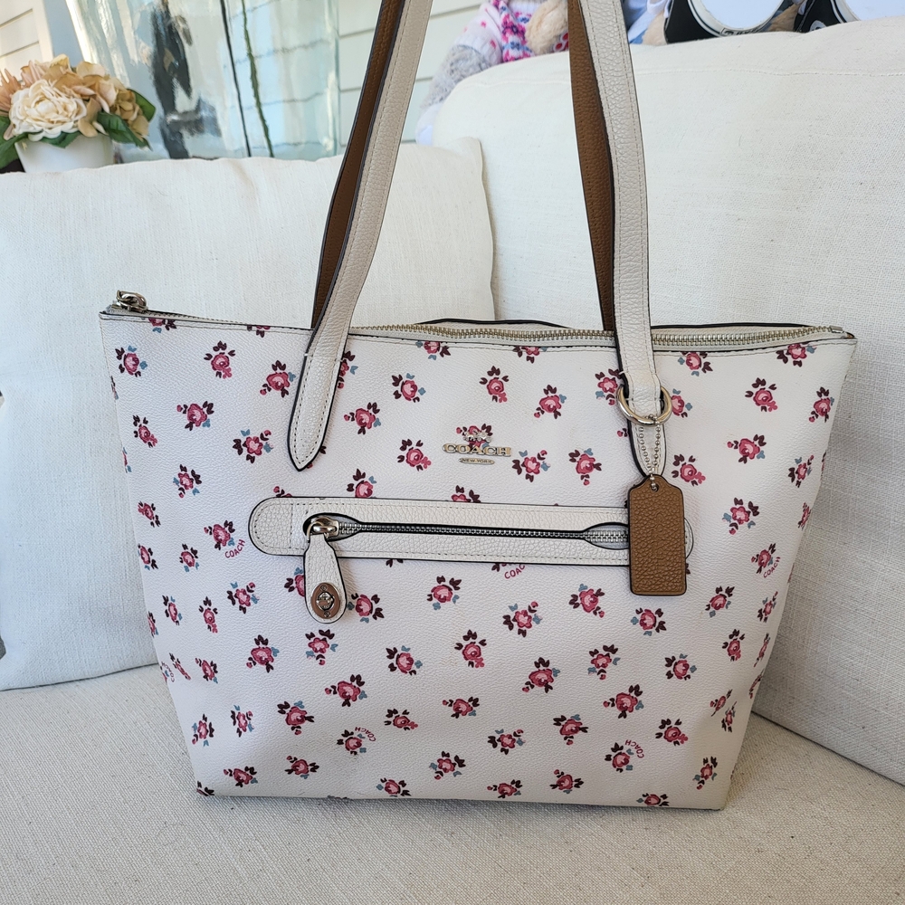 Coach Floral Tote Bag - Cream and Red